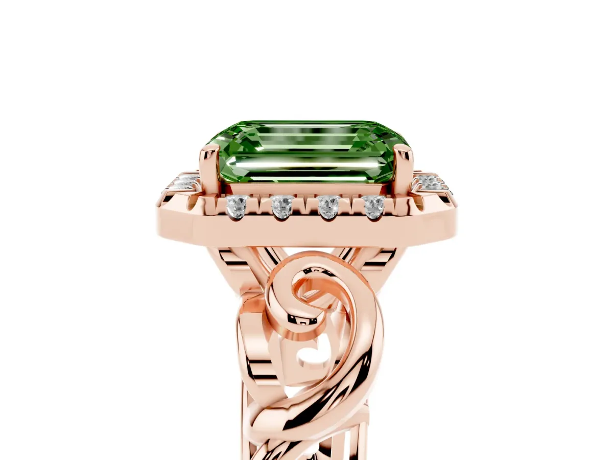Fancy Green Emerald Cut Cut Halo Diamond Ring with Scrollwork Band and Four-Prong Setting Rose gold