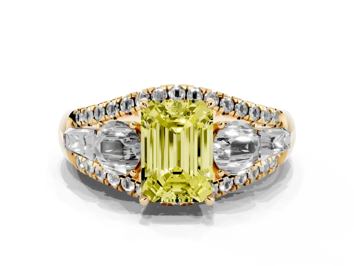 Fancy Yellow Three-Stone Emerald Cut Diamond Engagement Ring with Pave Band and Prong Setting Yellow gold