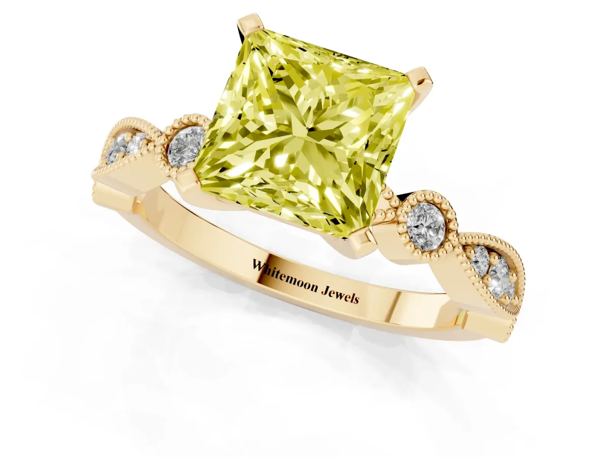 Fancy Yellow Princess Cut Milgrain Bezel Diamond Engagement Ring with Solitaire Prong Setting Yellow gold