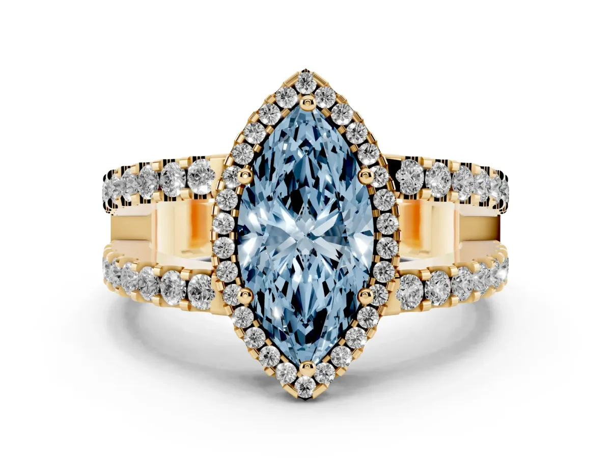 Fancy Blue Marquise Cut Cut Halo Split Shank Diamond Ring with Four-Prong Setting Yellow gold