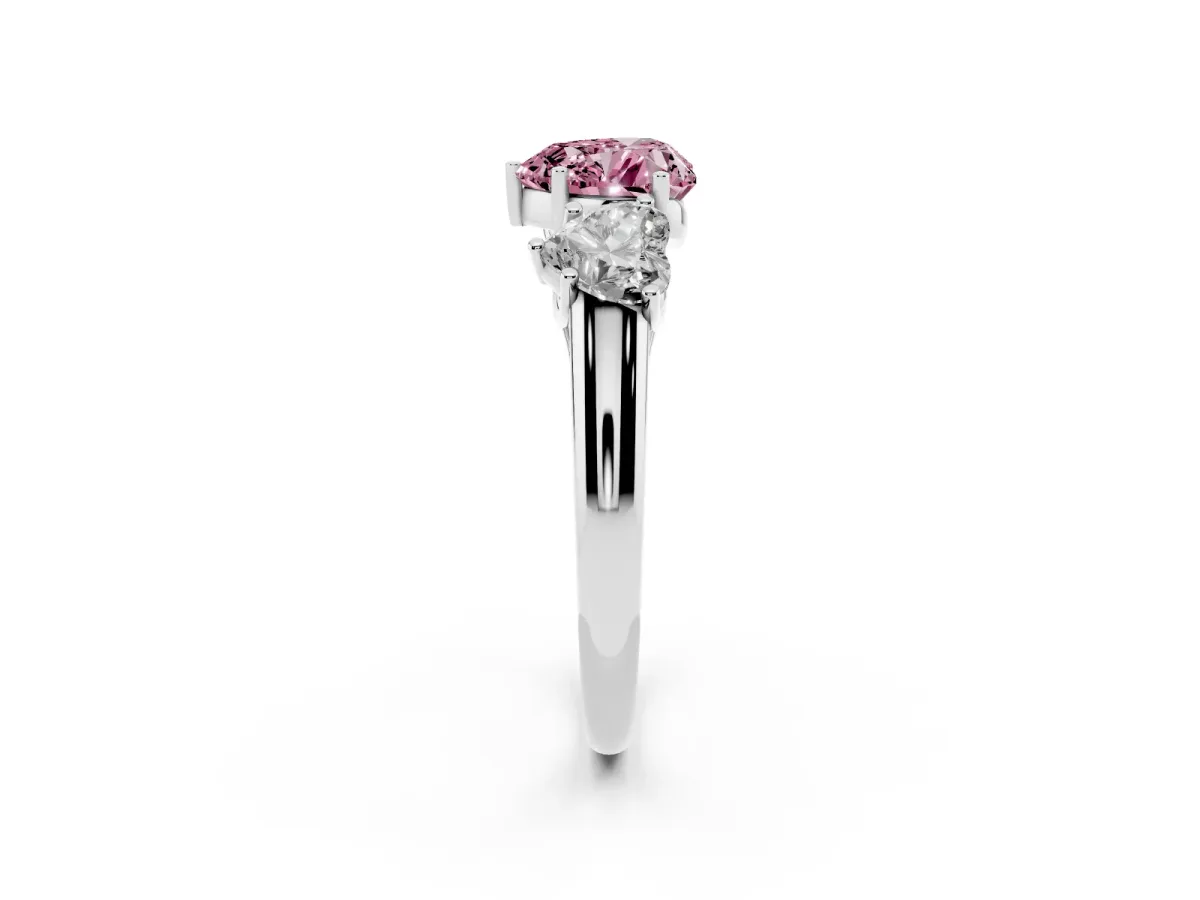 Fancy Pink Three-Stone Heart Cut Diamond Engagement Ring with Prong Setting Platinum