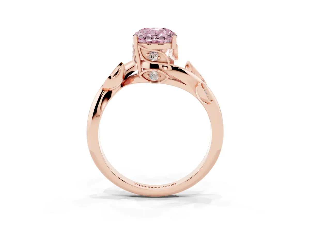 Fancy Pink Oval Cut Solitaire Twist Engagement Ring with Leaf Accents and Prong Setting Rose gold