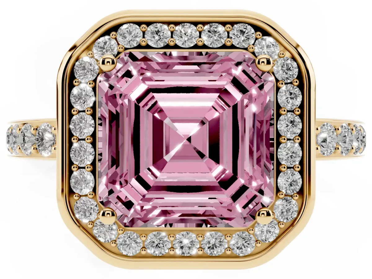 Fancy Pink Asscher Cut Diamond Halo Ring with Bezel Frame and Pavé Band Yellow gold
