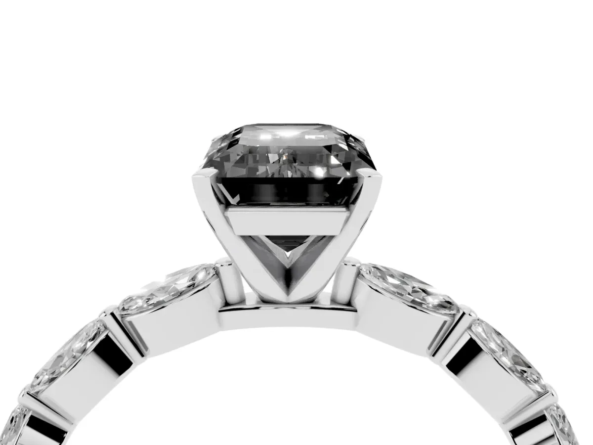 Fancy Black Emerald Cut Diamond Ring with Marquise Side Stones and Prong Setting Platinum