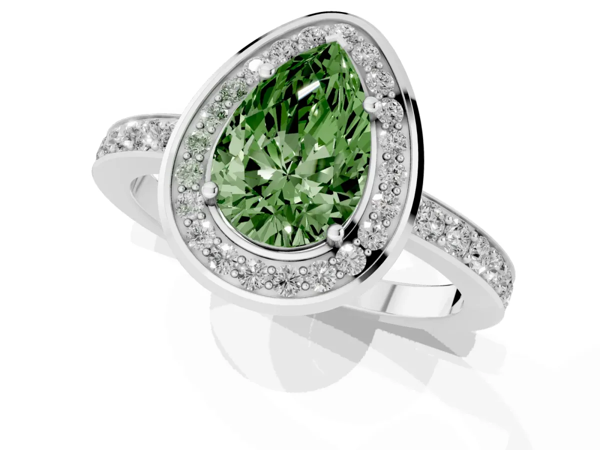 Fancy Green Pear Cut Diamond Halo Ring with Bezel Frame and Pavé Band Silver