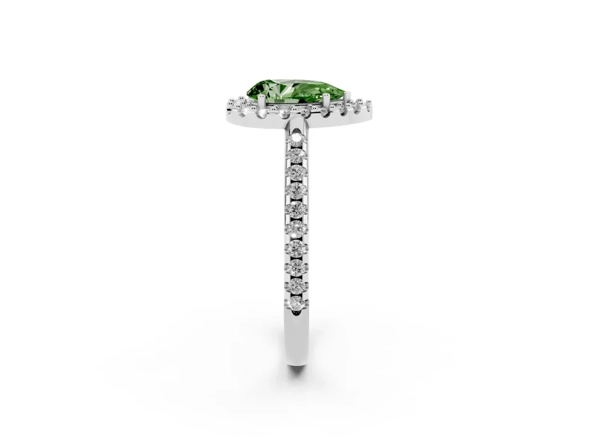 Fancy Green Pear Cut Diamond Pavé Halo Ring with Four-Prong Setting Platinum