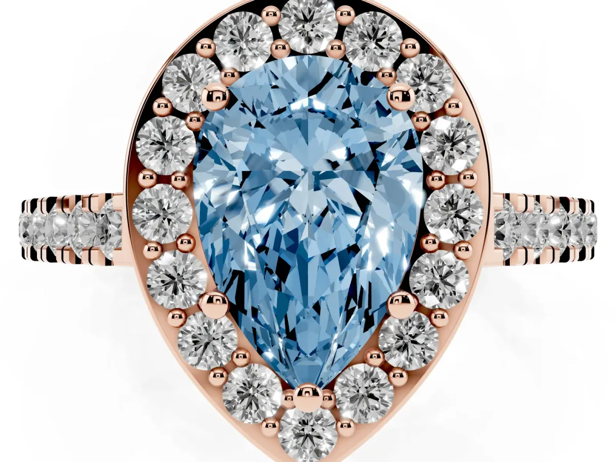 Fancy Blue Pear Cut Diamond Halo Ring with Round Pavé Split Shank and Prong Setting Rose gold