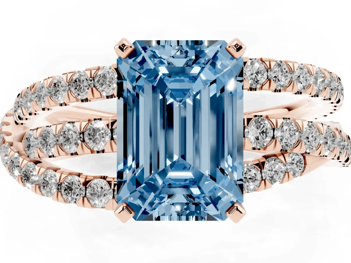 Fancy Blue Emerald Cut Solitaire Twist Band with Pavé Setting and Four-Prong Setting Rose gold
