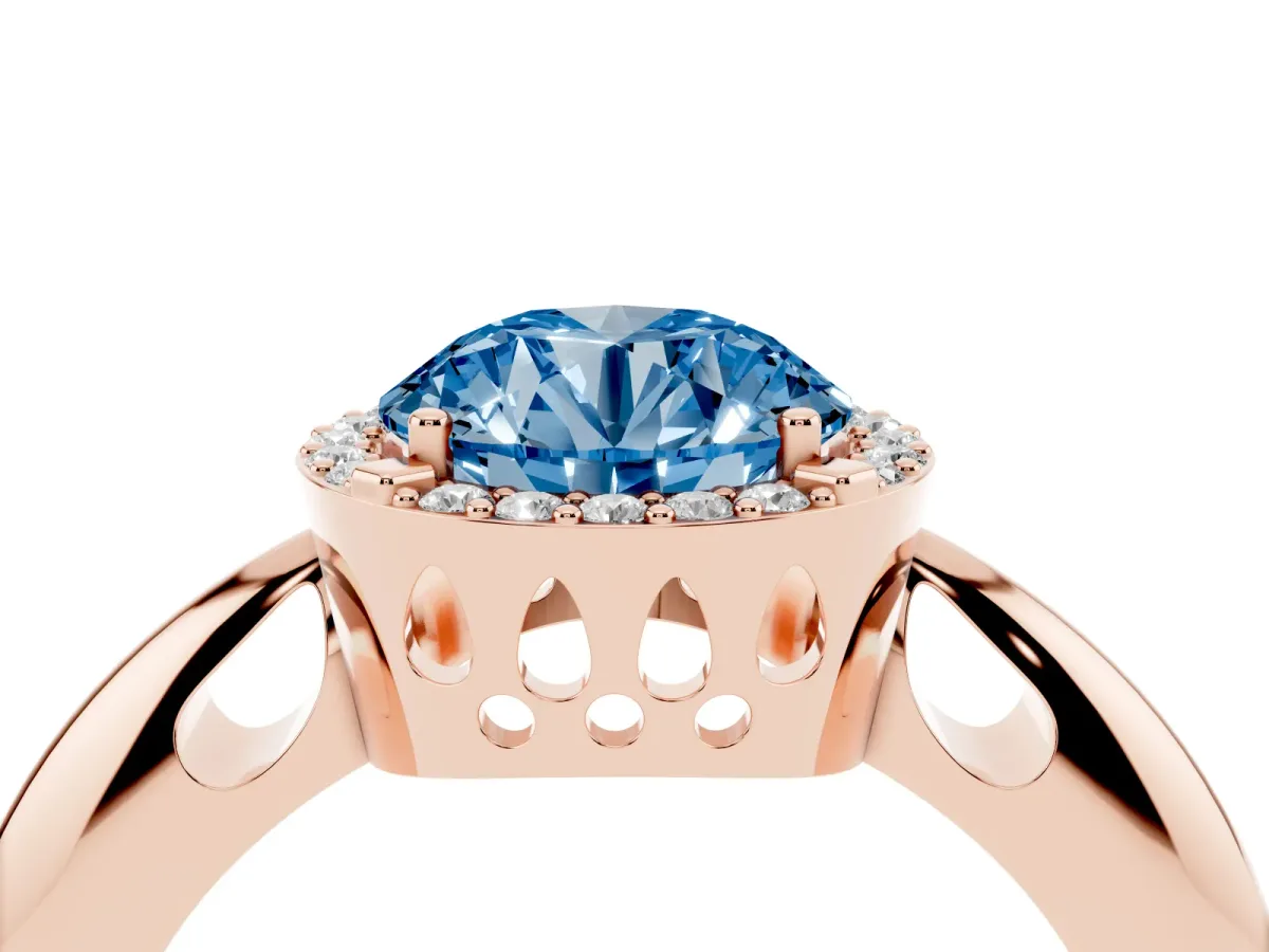 Fancy Blue Round Cut Cut Diamond Halo Engagement Ring with Split Shank and Four-Prong Setting Rose gold