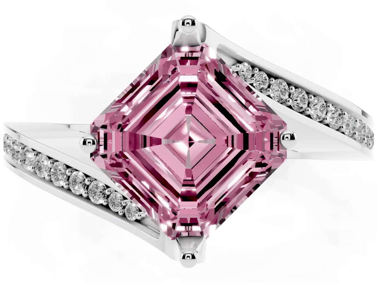 Fancy Pink Asscher Cut Solitaire Diamond Twist Band with Pavé Setting and Four-Prong Setting Platinum