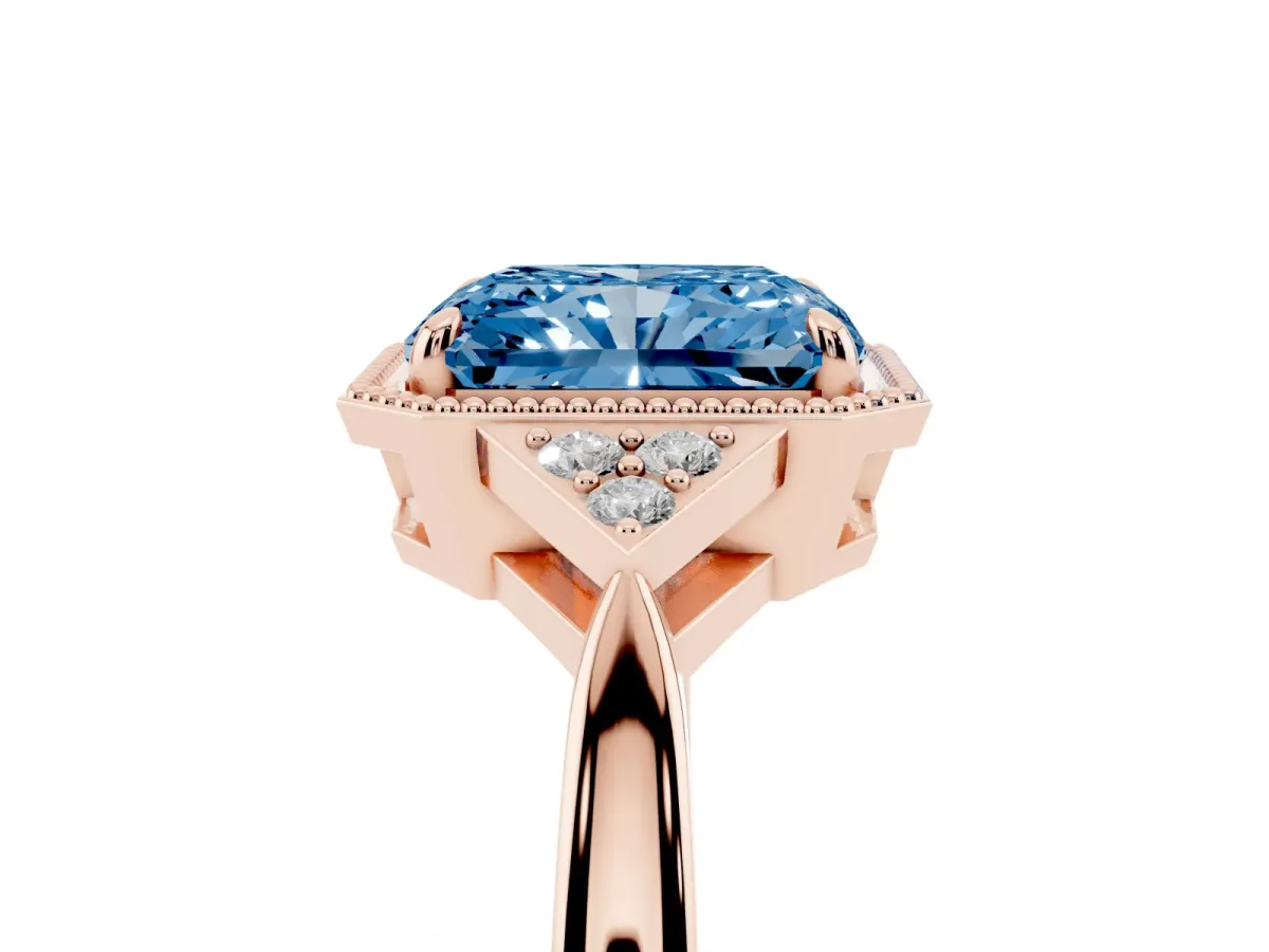 Fancy Blue Hexagonal Halo Radiant Cut Diamond Solitaire with Pavé Band and Four-Prong Setting Rose gold