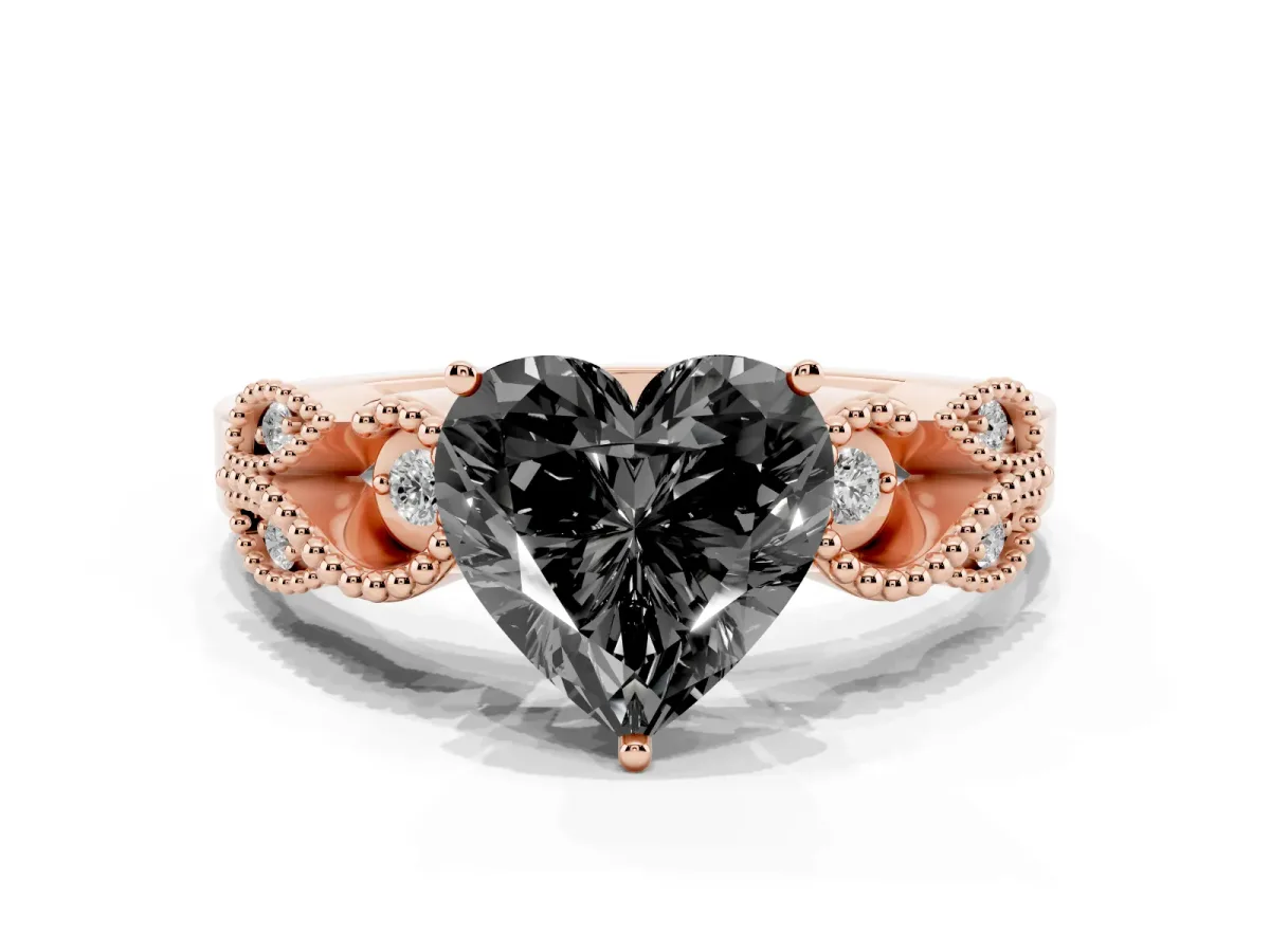 Fancy Black Heart Cut Solitaire Milgrain Leaf Band with Prong Setting Rose gold