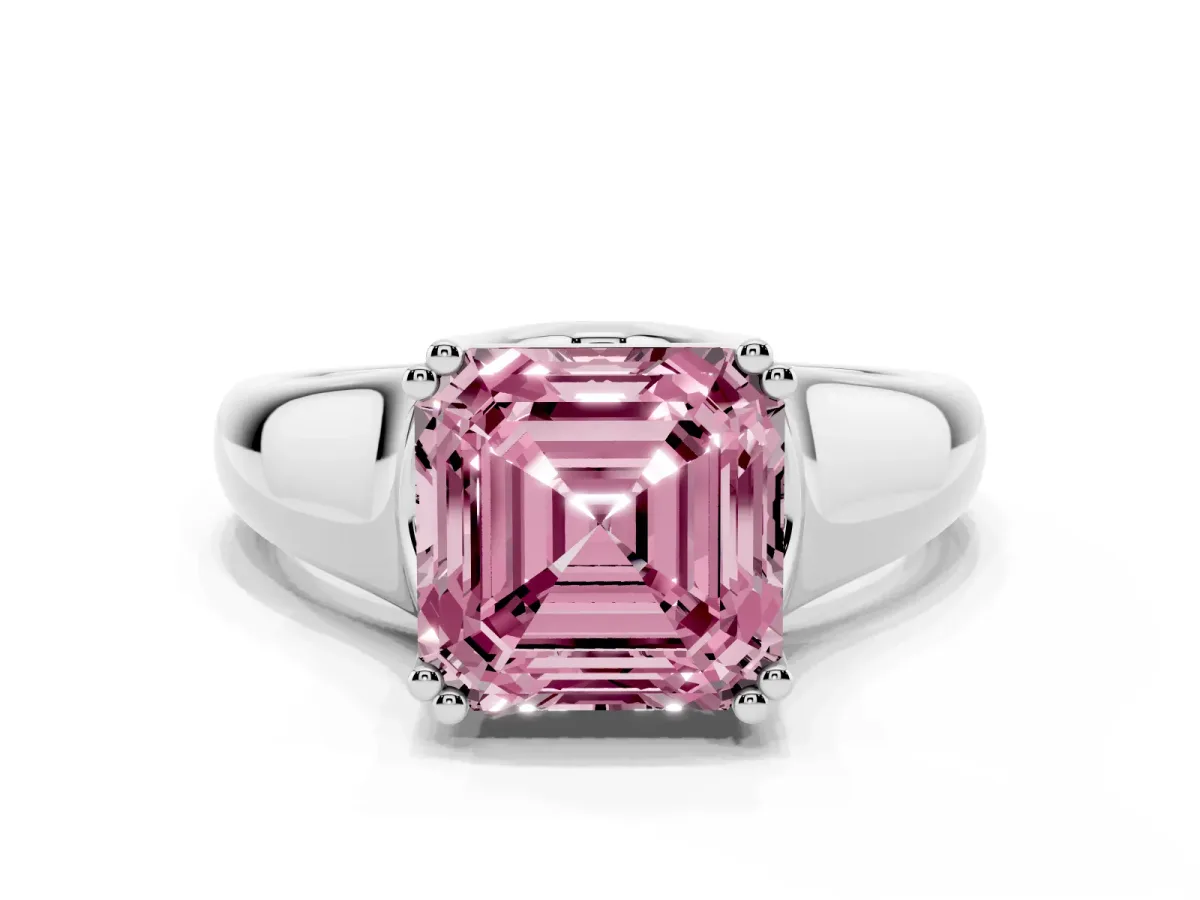 Fancy Pink Asscher Cut Diamond Solitaire Ring with Wide Band and Prong Setting Platinum