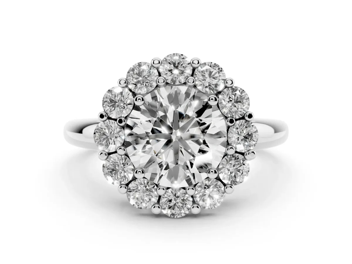 Round Cut Halo Cluster Diamond Engagement Ring with Prong Setting and Polished Band Silver