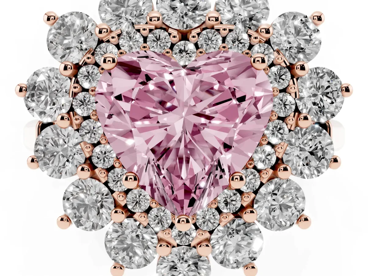 Fancy Pink Heart Cut Diamond Floral Double Halo Engagement Ring with Prong Setting Rose gold
