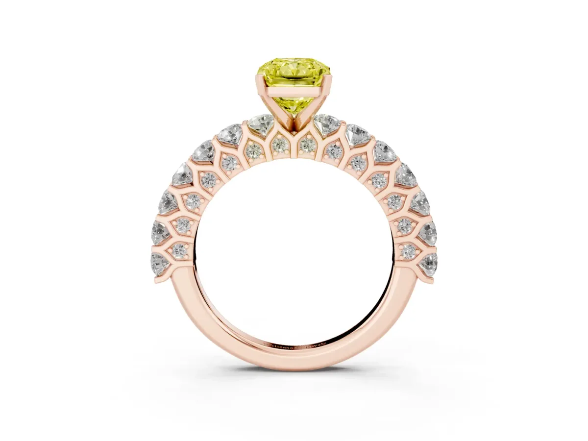 Fancy Yellow Radiant Cut Diamond Solitaire Ring with Shared Prong Pavé Band and Four-Prong Setting Rose gold