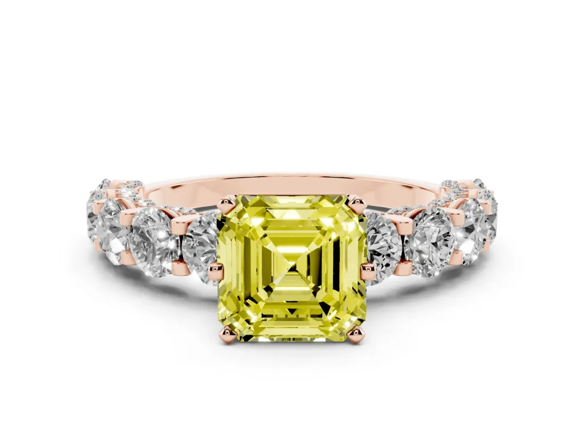 Fancy Yellow Asscher Cut Diamond Side Stone Engagement Ring with Four-Prong Setting Rose gold