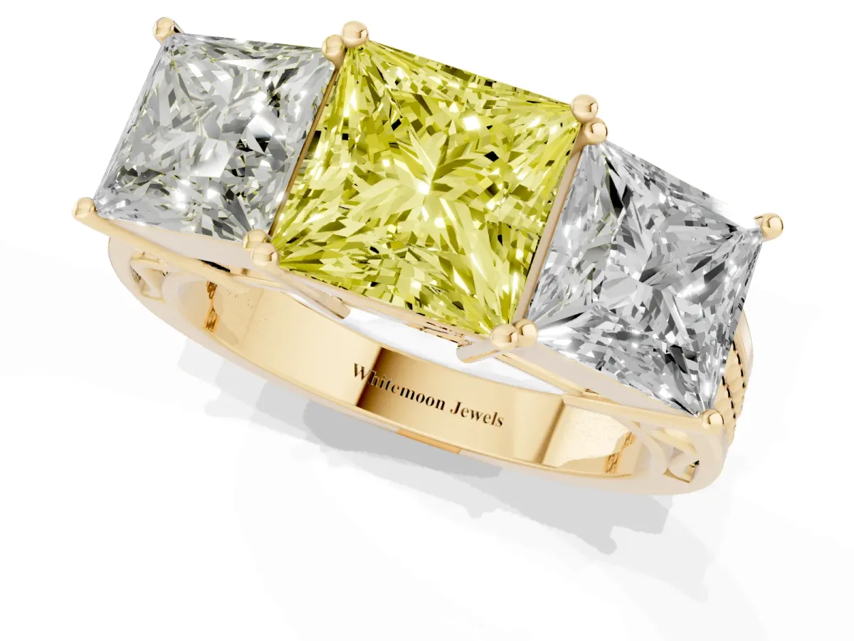 Fancy Yellow Princess Cut Diamond Three-Stone Ring with Prong Setting and Textured Band Yellow gold
