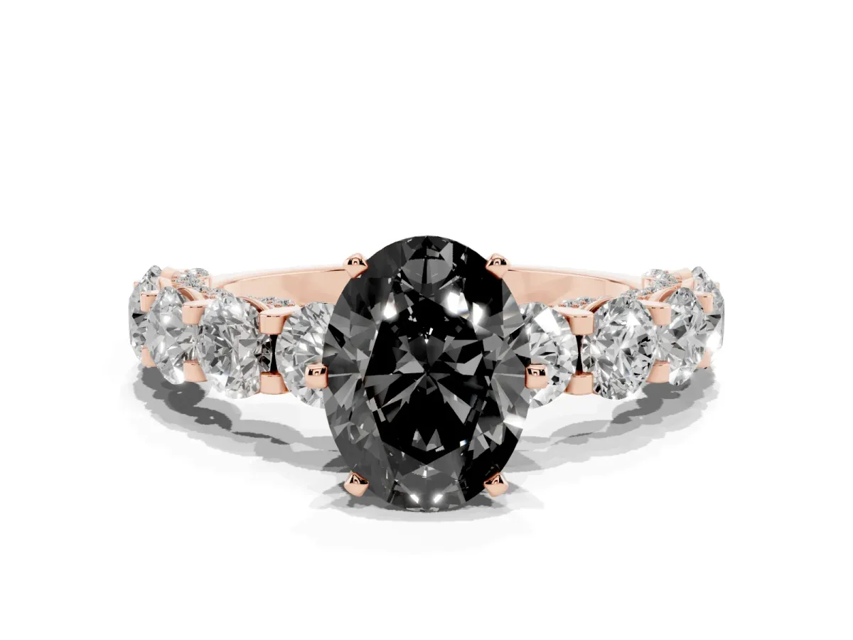 Fancy Black Oval Cut Diamond Side Stone Engagement Ring with Four-Prong Setting Rose gold