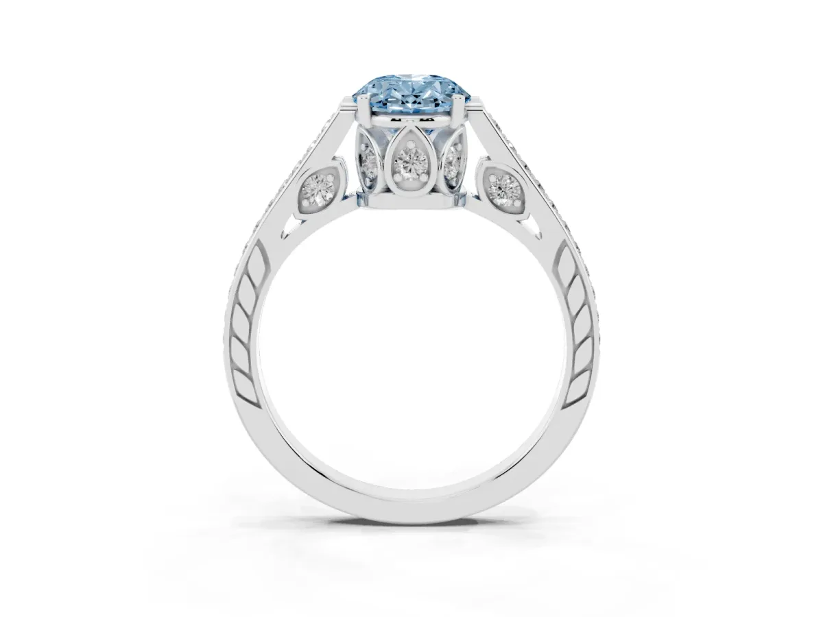 Fancy Blue Oval Cut Cut Cathedral Pave Diamond Engagement Ring with Six-Prong Setting Platinum
