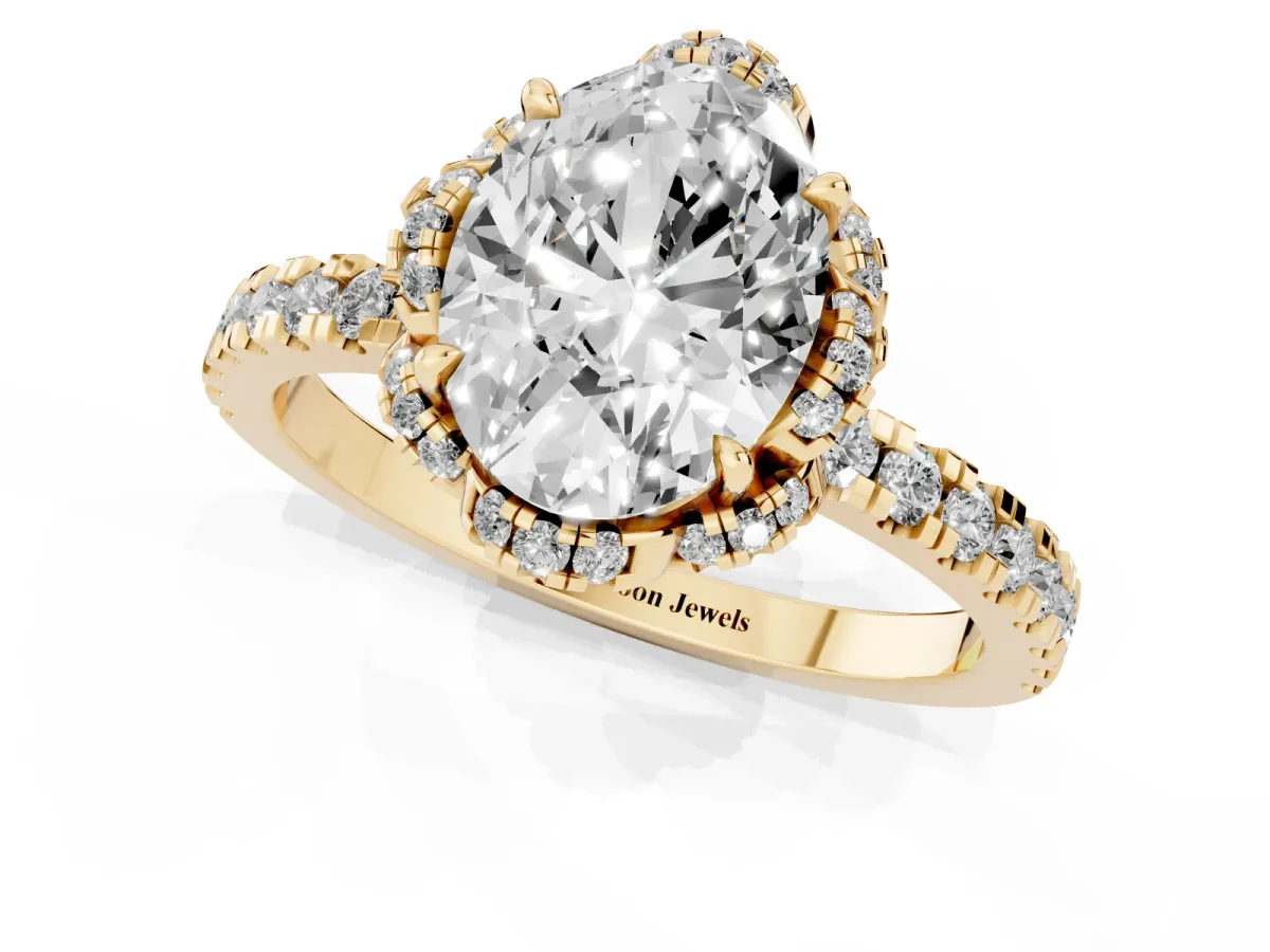 Oval Cut Halo Diamond Pave Band Ring with Four-Prong Setting Yellow gold