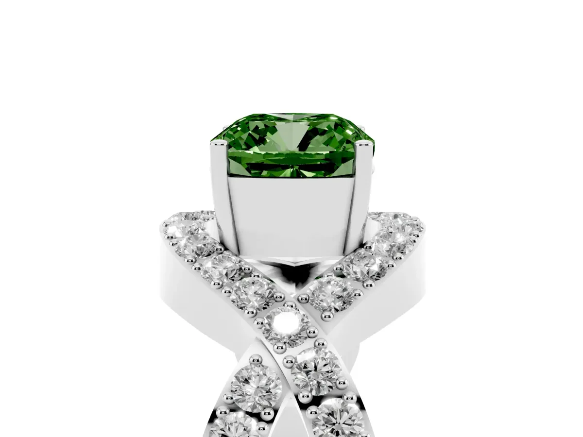 Fancy Green Cushion Cut Solitaire Twist Band Pavé Diamond Engagement Ring Silver