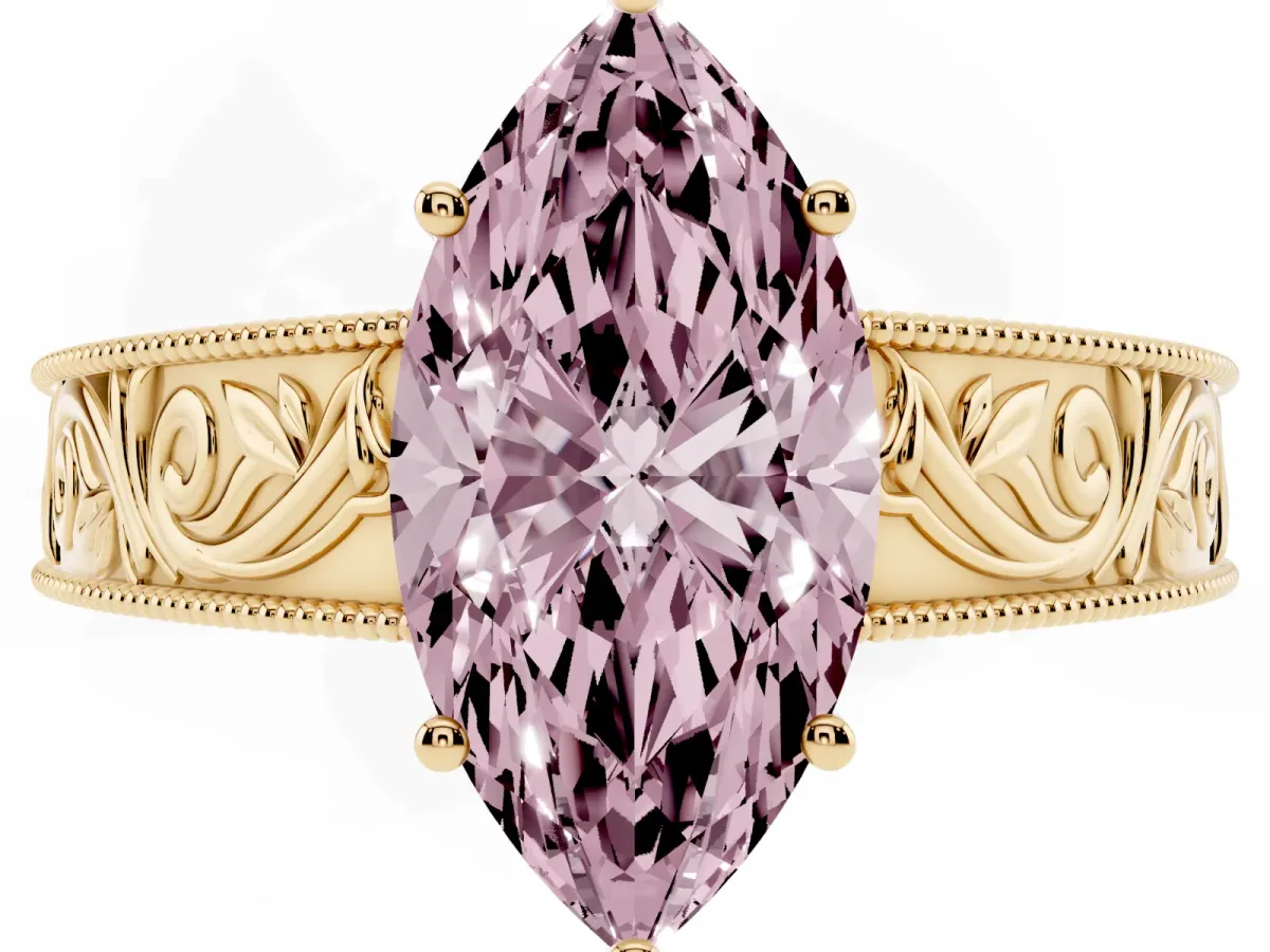 Fancy Pink Marquise Cut Diamond Solitaire Ring with Engraved Band and Four-Prong Setting Yellow gold