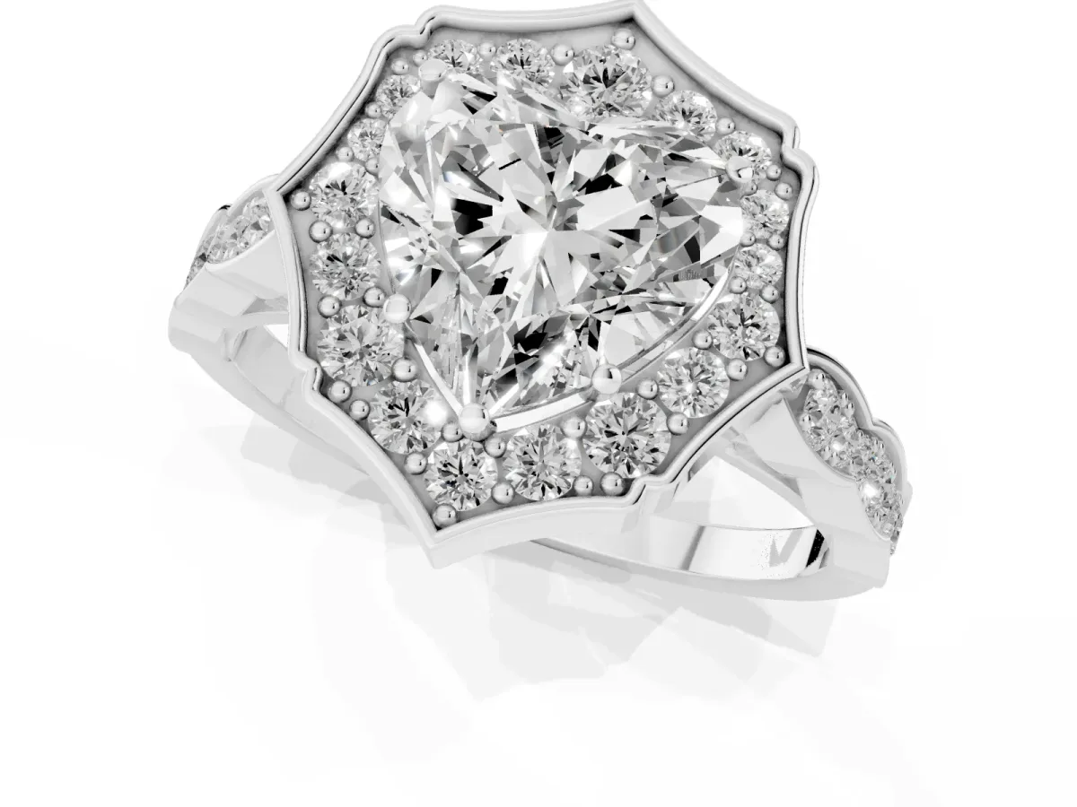Heart Cut Halo Diamond Engagement Ring with Milgrain Band and Four-Prong Setting Platinum