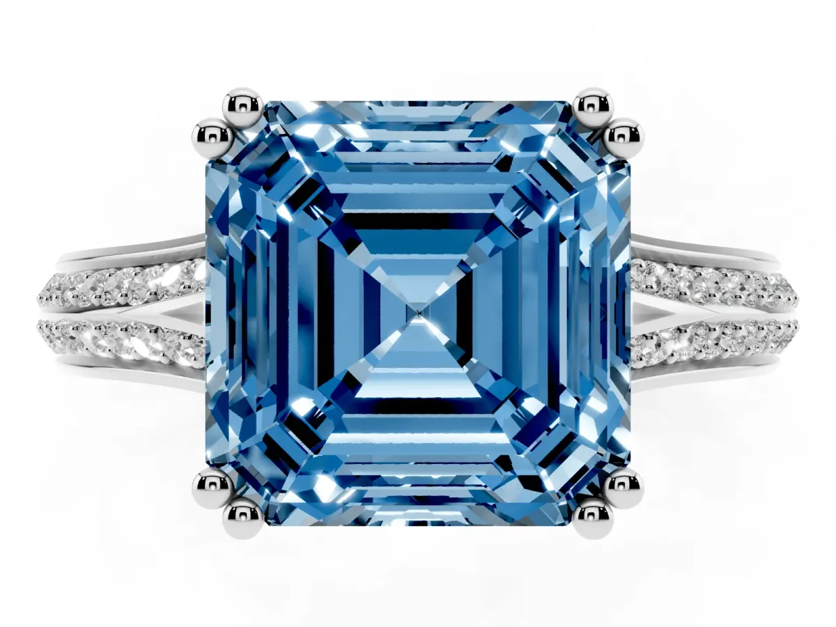 Fancy Blue Asscher Cut Diamond Split Shank Engagement Ring with Pavé Band Silver