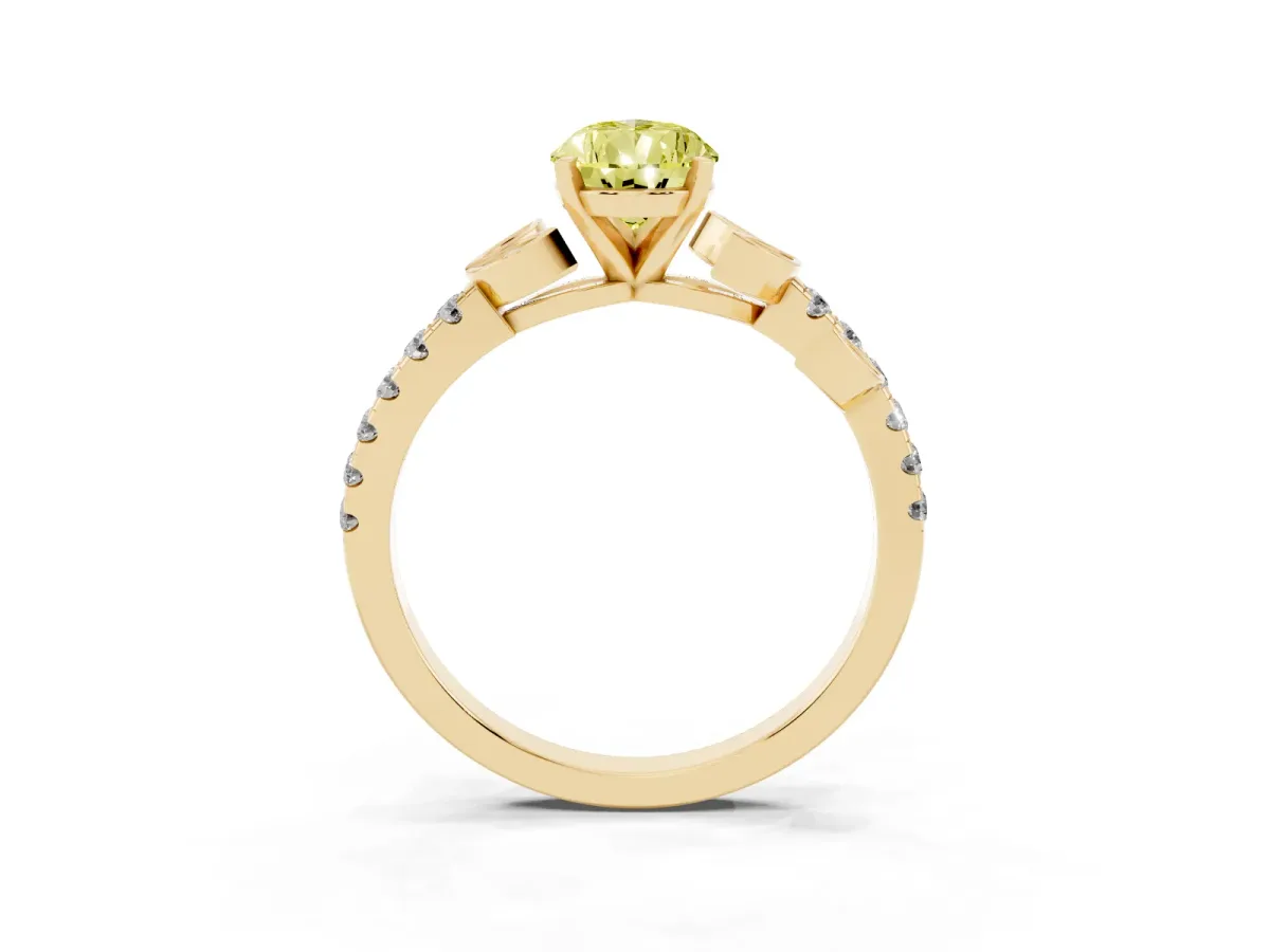 Fancy Yellow Pear Cut Solitaire Leaf-Inspired Diamond Ring with Pavé Band and Four-Prong Setting Yellow gold