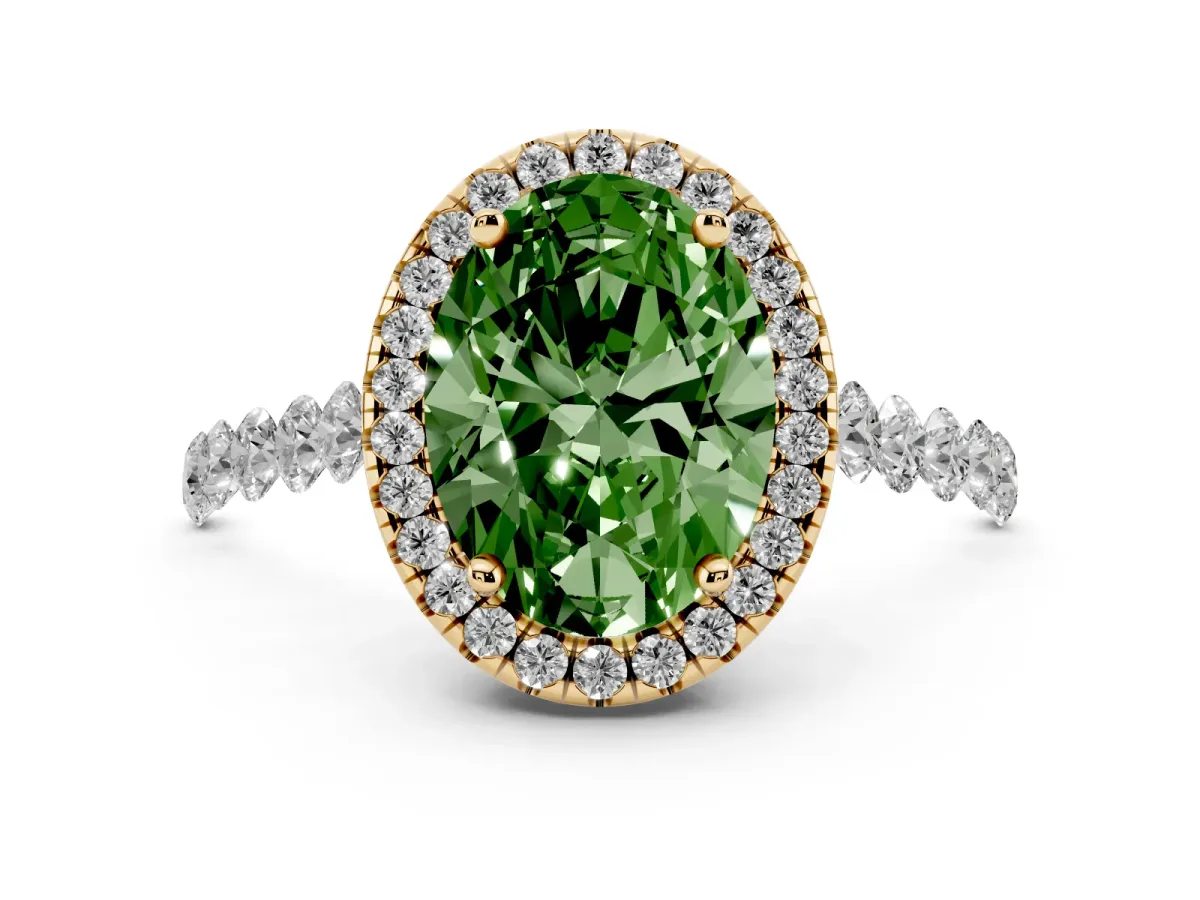 Fancy Green Oval Cut Halo Pavé Diamond Engagement Ring with Four-Prong Setting Yellow gold