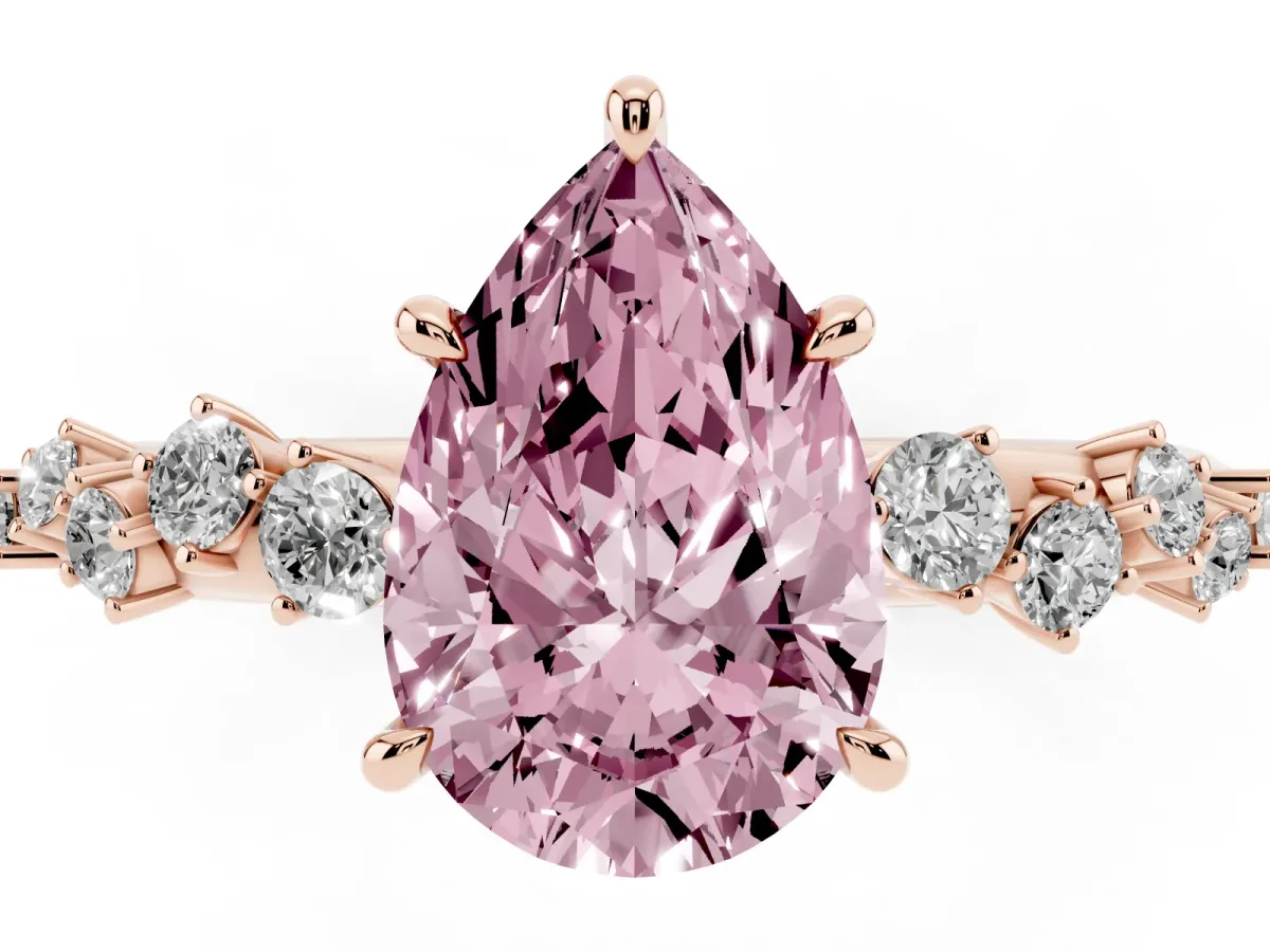 Fancy Pink Pear Cut Diamond Cluster Side Stone Solitaire Ring with Prong Setting Rose gold