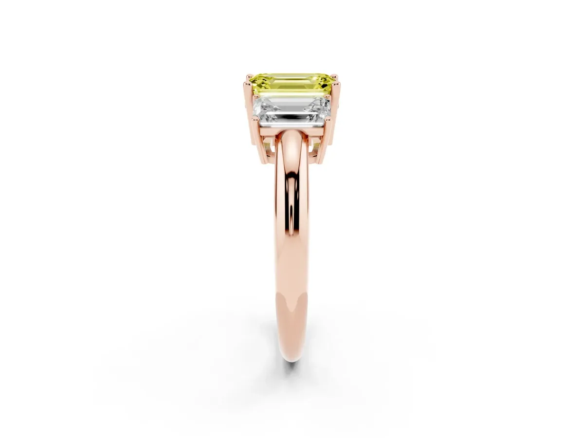 Fancy Yellow Three-Stone Emerald Cut Cut Diamond Engagement Ring with Prong Setting on a White Gold Band Rose gold