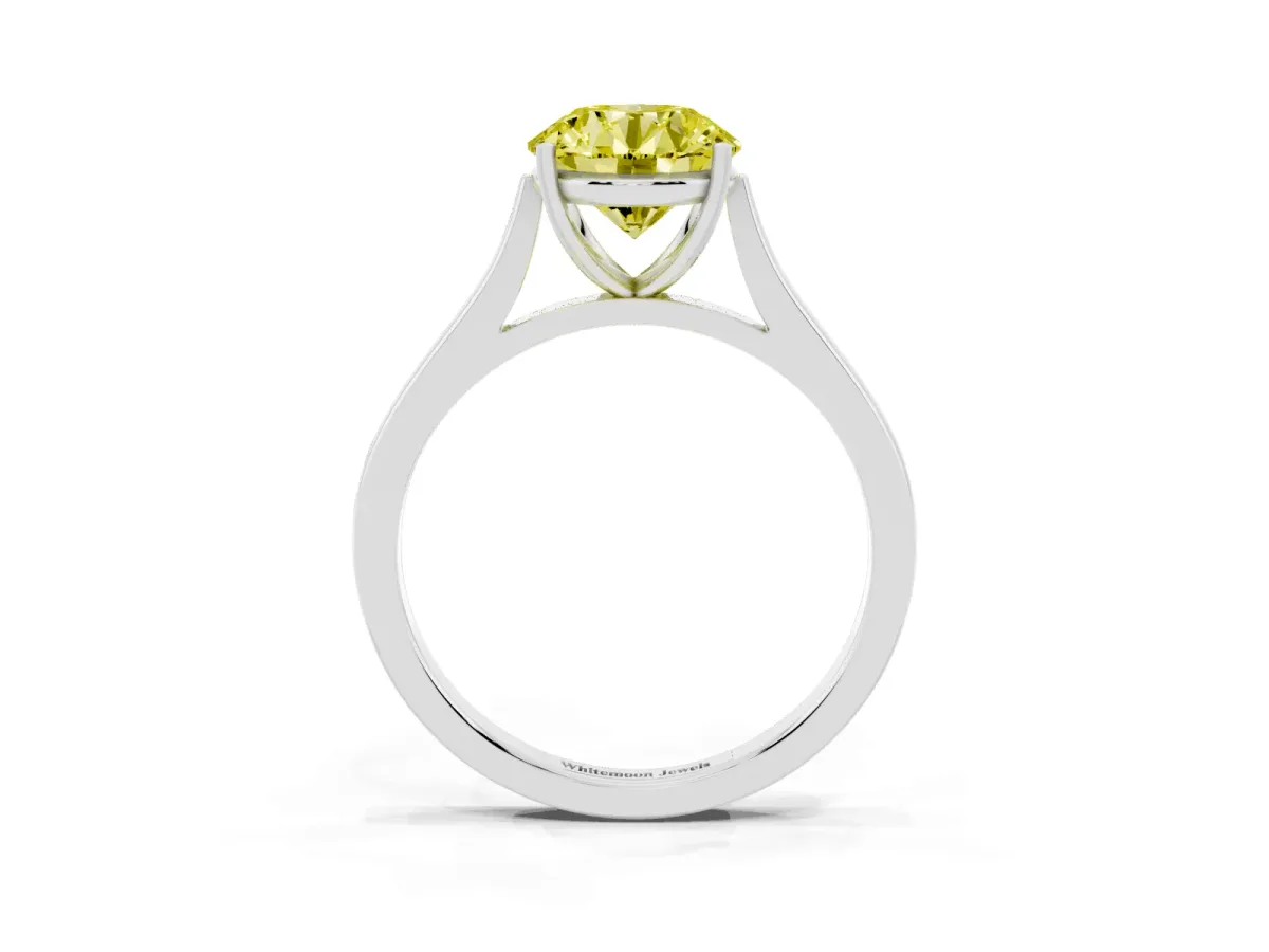 Fancy Yellow Round Cut Solitaire Heart Prong Engagement Ring with Tapered Band White gold