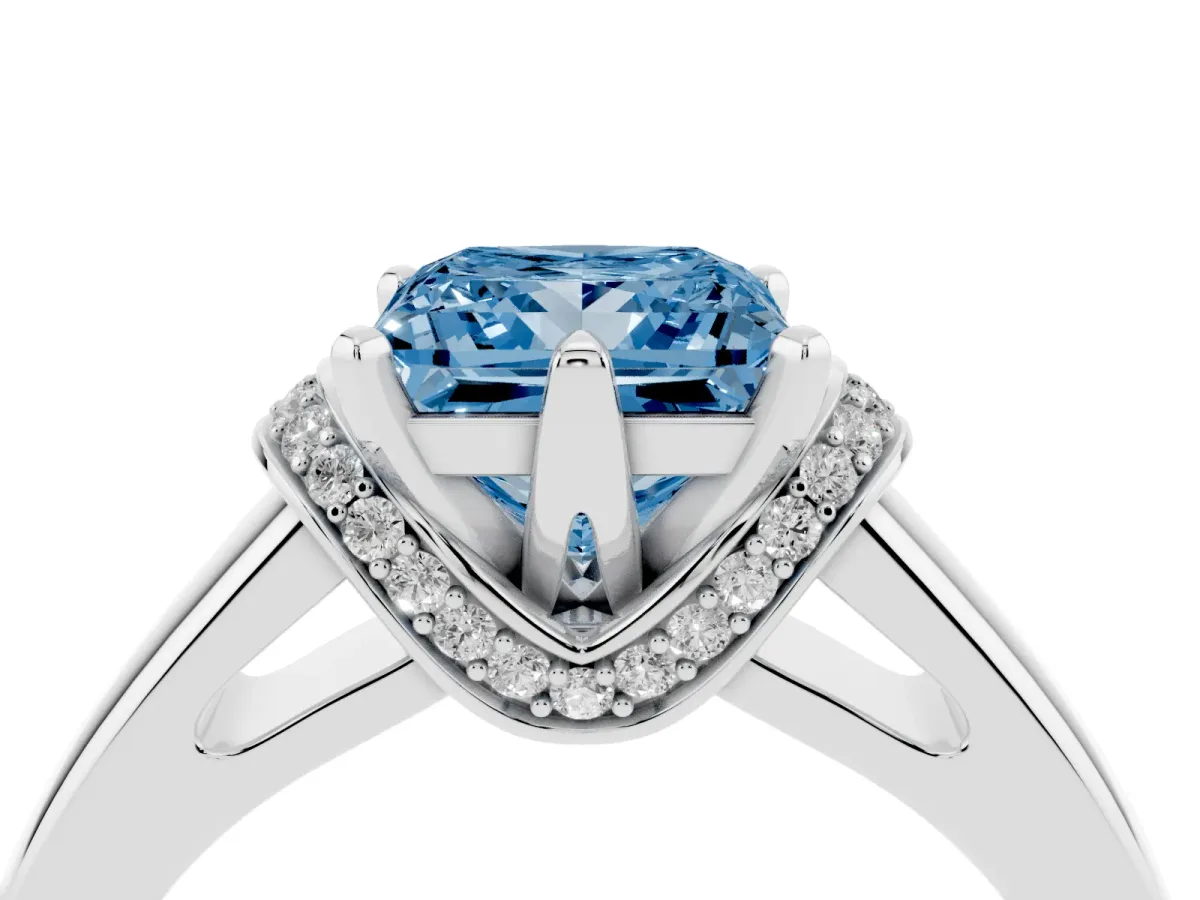 Fancy Blue Princess Cut Solitaire Diamond Ring with Pave Band and Six-Prong Setting Silver
