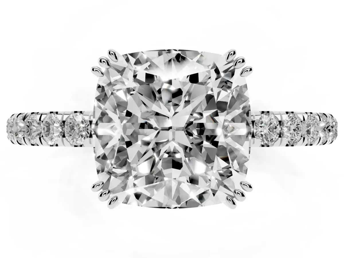 Cushion Cut Brilliant Solitaire with Pavé Band and Claw Prong Setting White gold