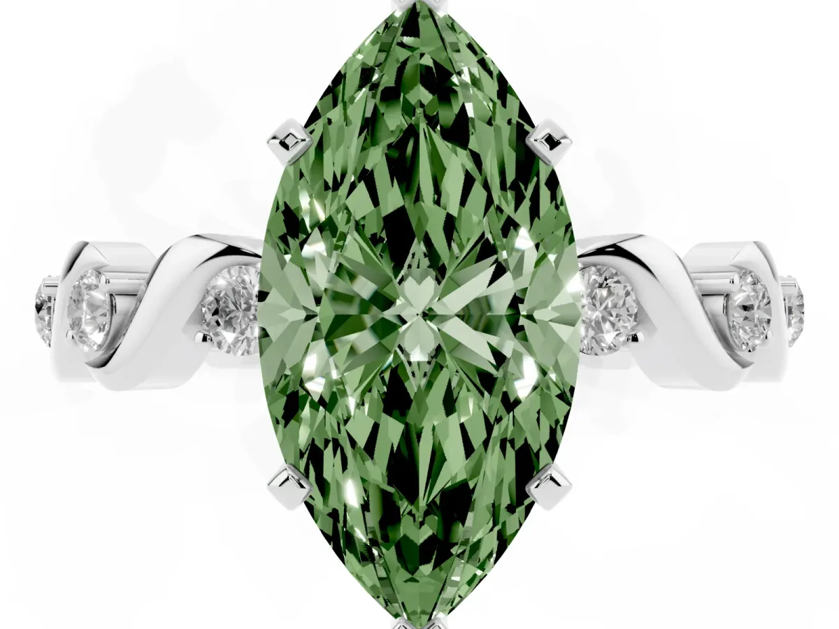 Fancy Green Marquise Cut Diamond Solitaire Twisted Band with Round Accents and Prong Setting Silver