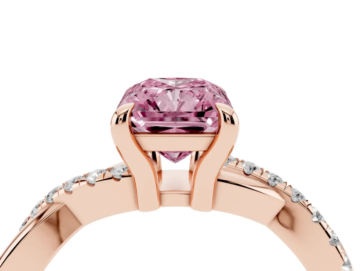 Fancy Pink Radiant Cut Cut Diamond Twist Band Solitaire with Prong Setting Rose gold