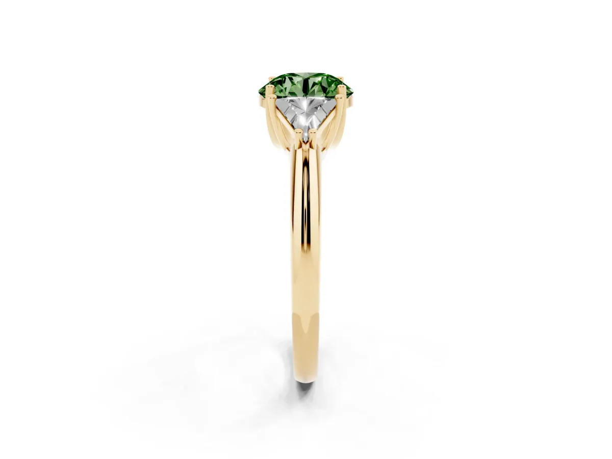 Fancy Green Three-Stone Round Cut Diamond Engagement Ring with Trillion Side Stones and Prong Setting Yellow gold