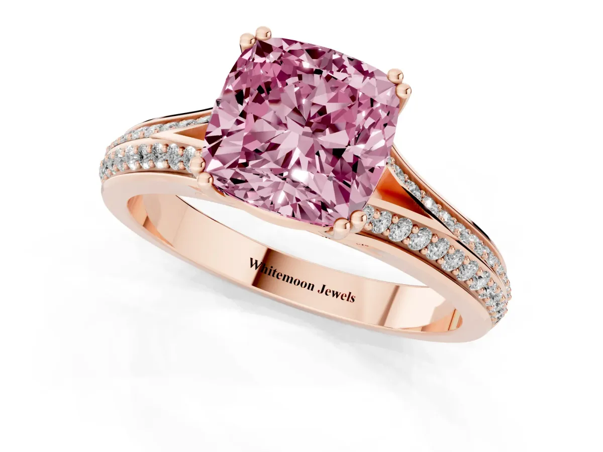 Fancy Pink Cushion Cut Diamond Split Shank Engagement Ring with Pavé Band Rose gold