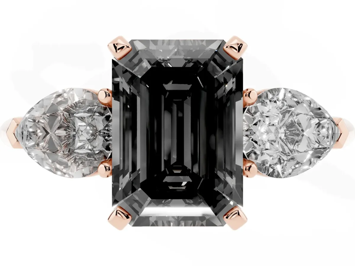 Fancy Black Three-Stone Emerald Cut Diamond Ring with Pear Side Stones and Four-Prong Setting Rose gold