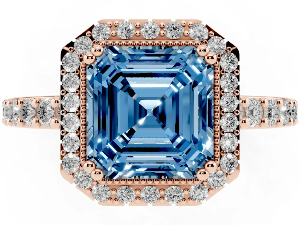 Fancy Blue Asscher Cut Cut Diamond Halo Engagement Ring with Milgrain Detail and Pavé Band Rose gold