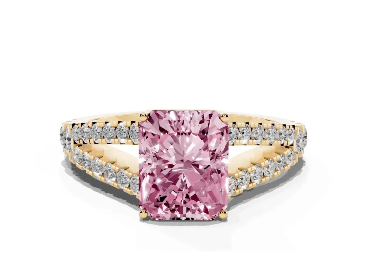 Fancy Pink Radiant Cut Diamond Split Shank Pavé Engagement Ring with Four-Prong Setting Yellow gold