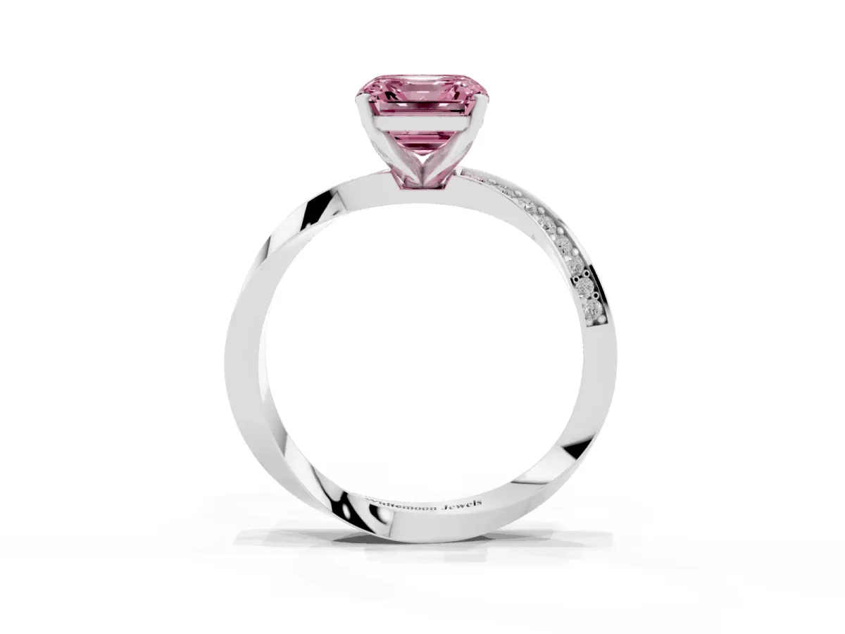 Fancy Pink Asscher Cut Diamond Engagement Ring with Side Stone Accents and Four-Prong Setting Silver