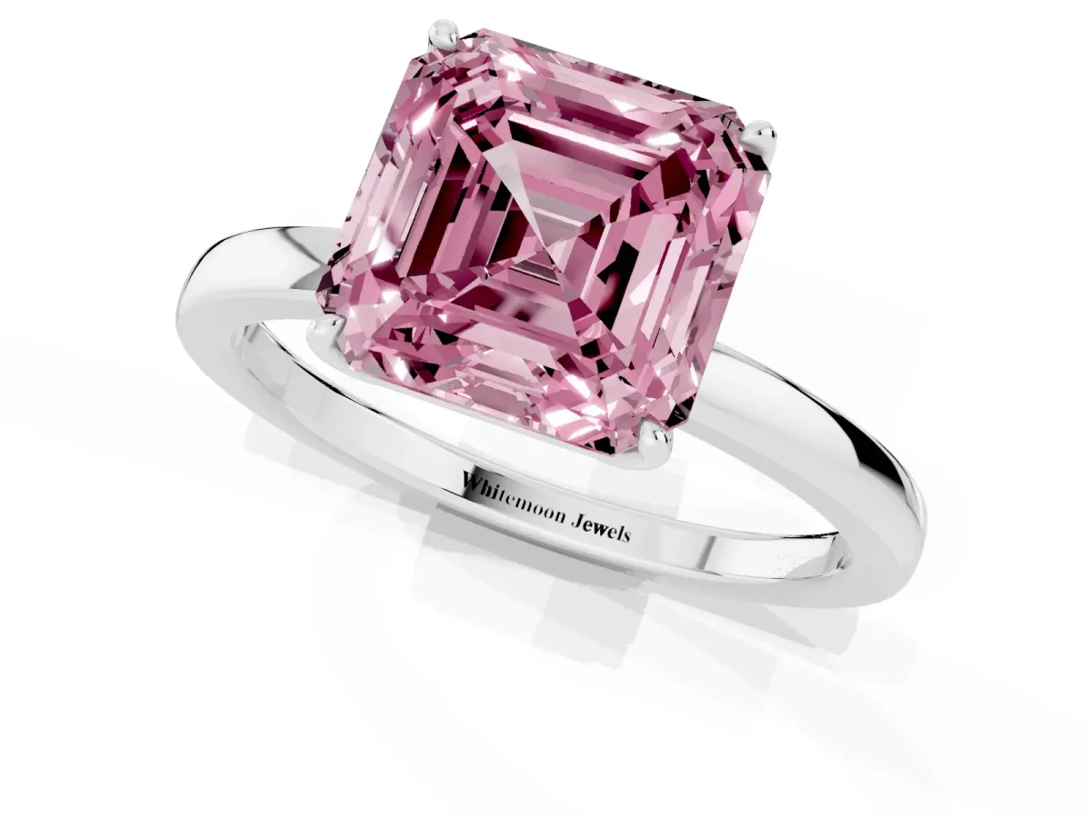 Fancy Pink Asscher Cut Diamond Solitaire Ring with Thin Band and Prong Setting Silver