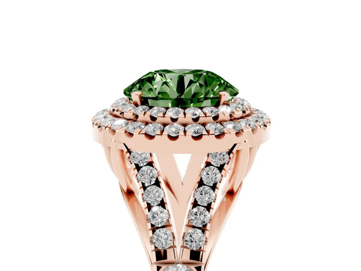 Fancy Green Round Cut Diamond Double Halo Ring with Split Shank and Prong Setting Rose gold