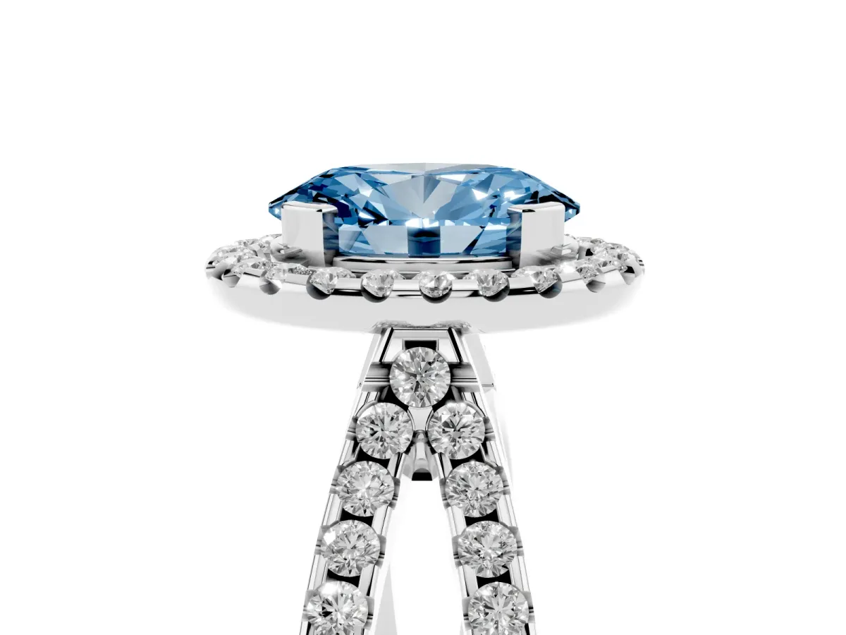 Fancy Blue Oval Cut Diamond Halo Ring with Split Shank Pavé Band and Prong Setting Silver