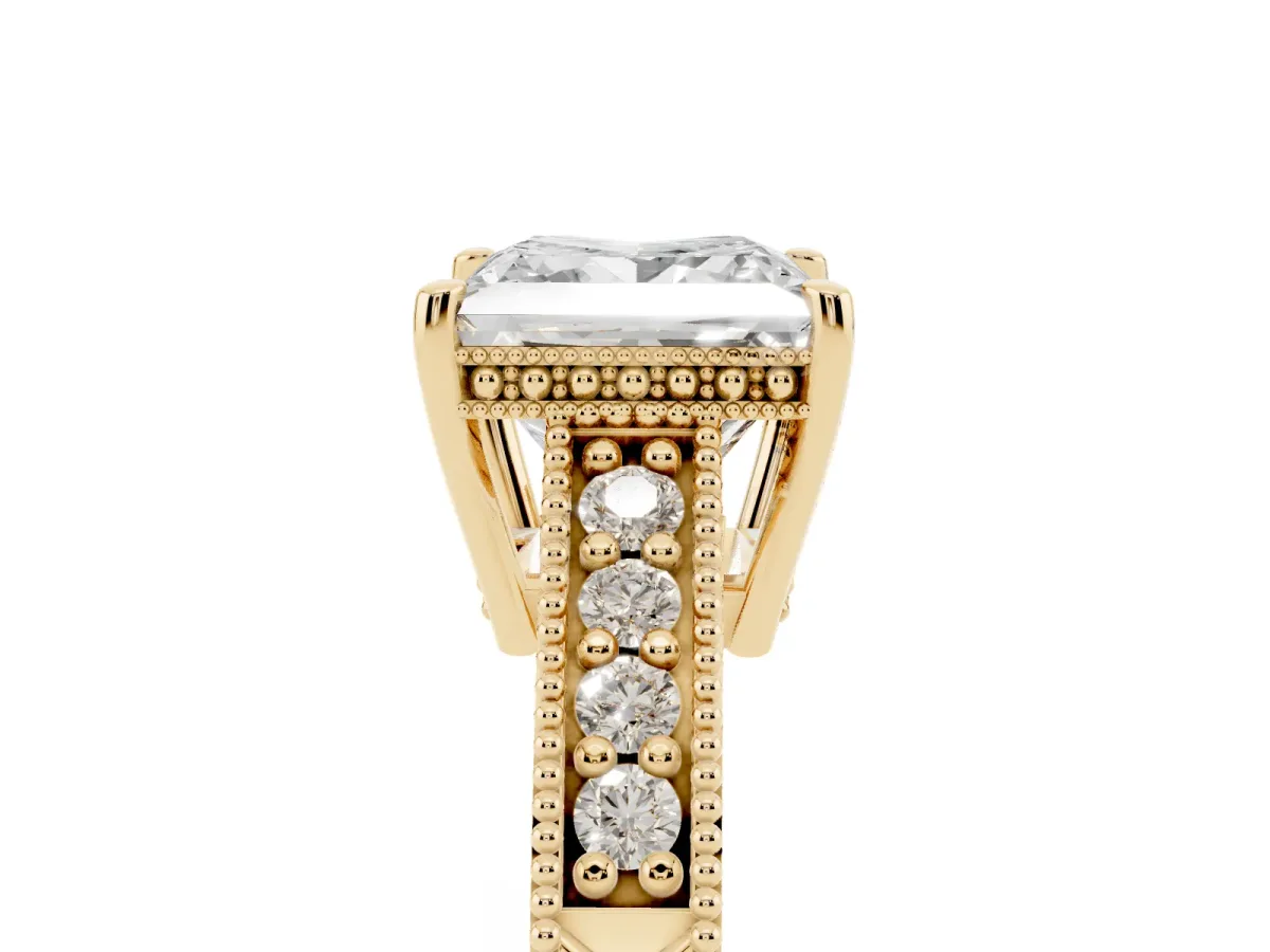 Princess Cut Solitaire Pavé Diamond Milgrain Engagement Ring with Four-Prong Setting Yellow gold