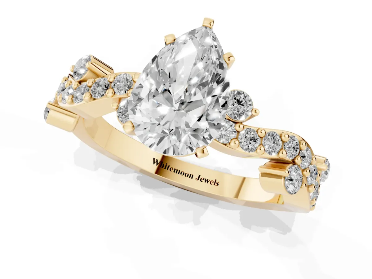 Pear Cut Cut Solitaire Diamond Twisted Band with Pave Setting Yellow gold