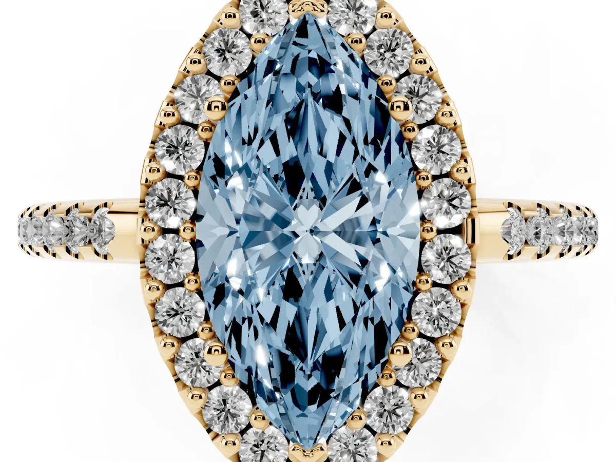 Fancy Blue Marquise Cut Diamond Pavé Halo Ring with Four-Prong Setting Yellow gold